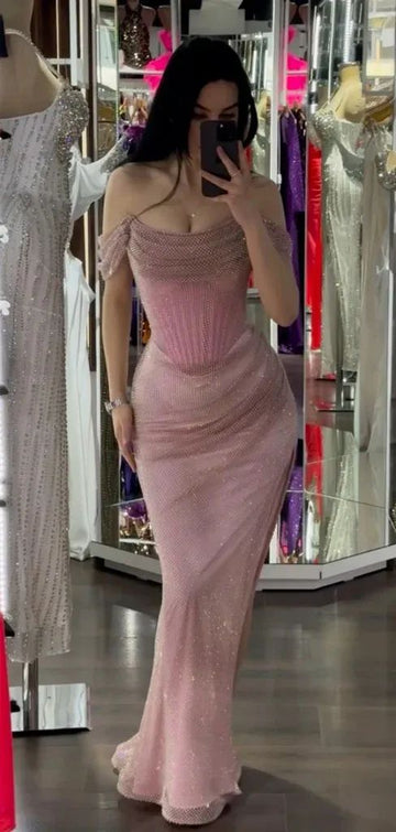 Off-shoulder Sleeveless Mermaid Satin Long Evening Prom Dresses SD1582 HZ0628